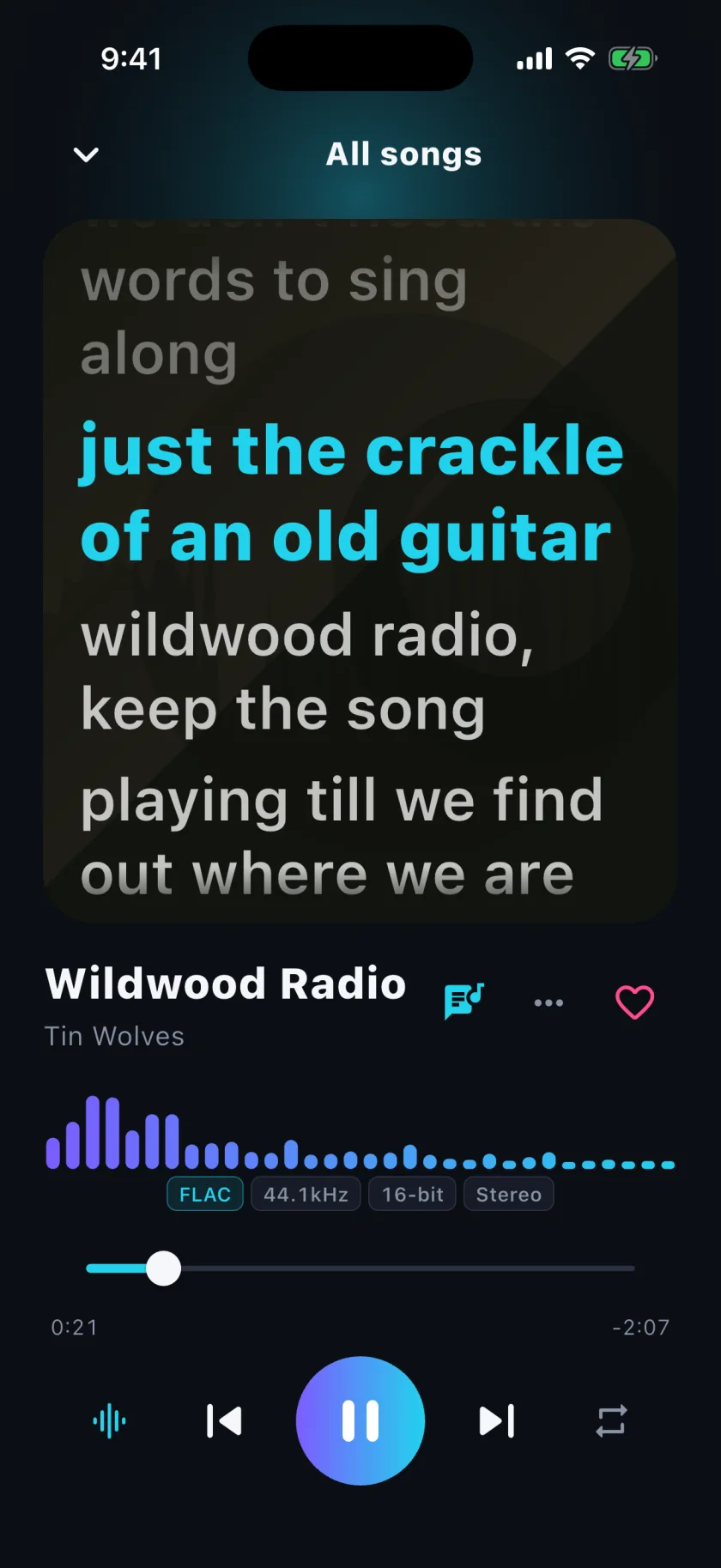 Audova’s Now Playing screen: synced lyrics over the cover, a live spectrum, and FLAC quality chips